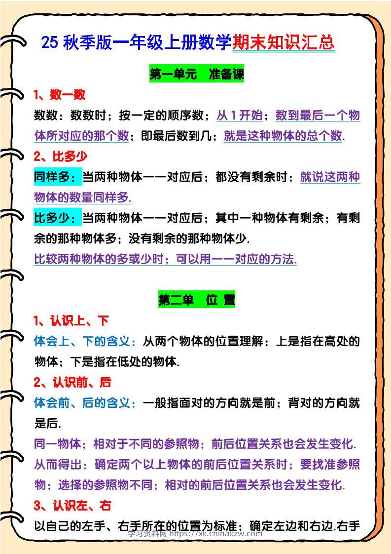 【2025秋新版】一年级上册数学期末知识汇总-学习资料站