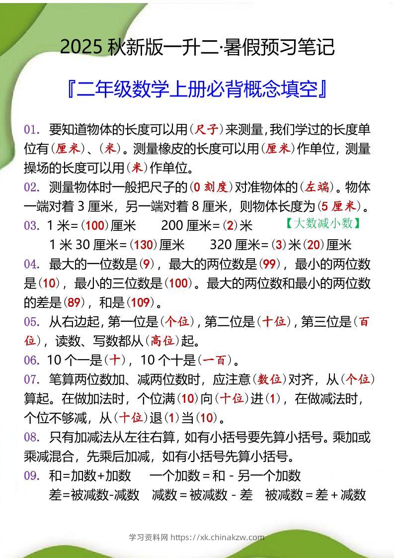 【2025秋新版】二年级数学上册必背概念填空-学习资料站