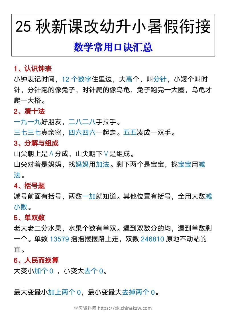 【2025秋新版】幼升小暑假衔接数学常用口诀汇总-一上数学-学习资料站
