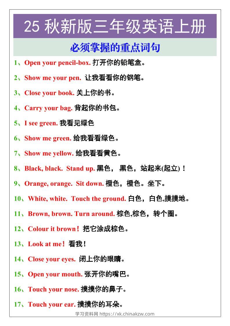 【2025秋新版】三年级英语上册必须掌握的重点词句-学习资料站