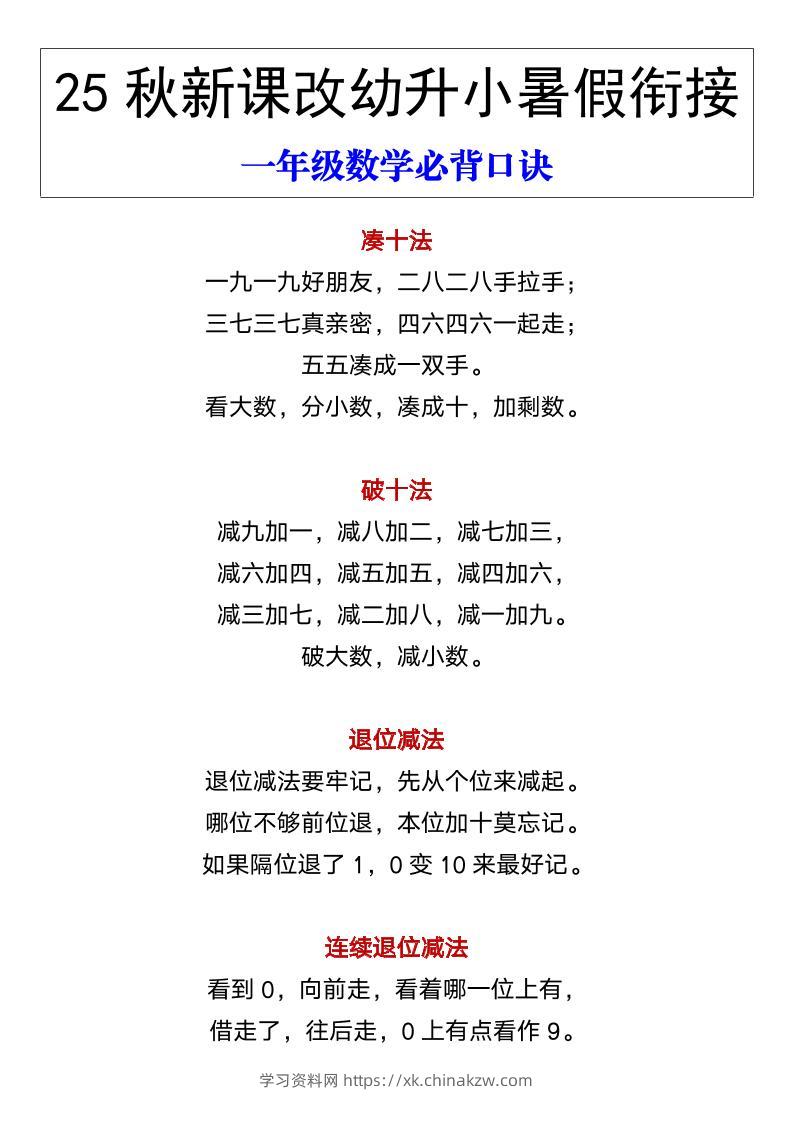 【2025秋新版】幼升小暑假衔接一年级数学必背口诀-一上数学-学习资料站
