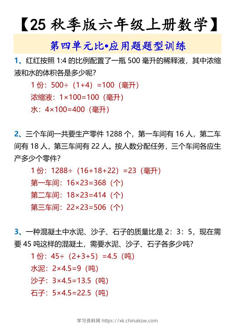【2025秋新版】【六年级上册数学】第四单元比•应用题题型训练-学习资料站