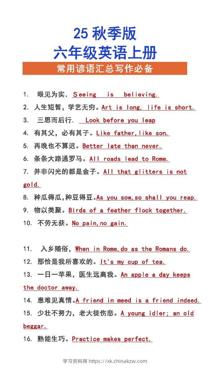 【2025秋新版】六年级上册英语常用谚语汇总写作必备-学习资料站
