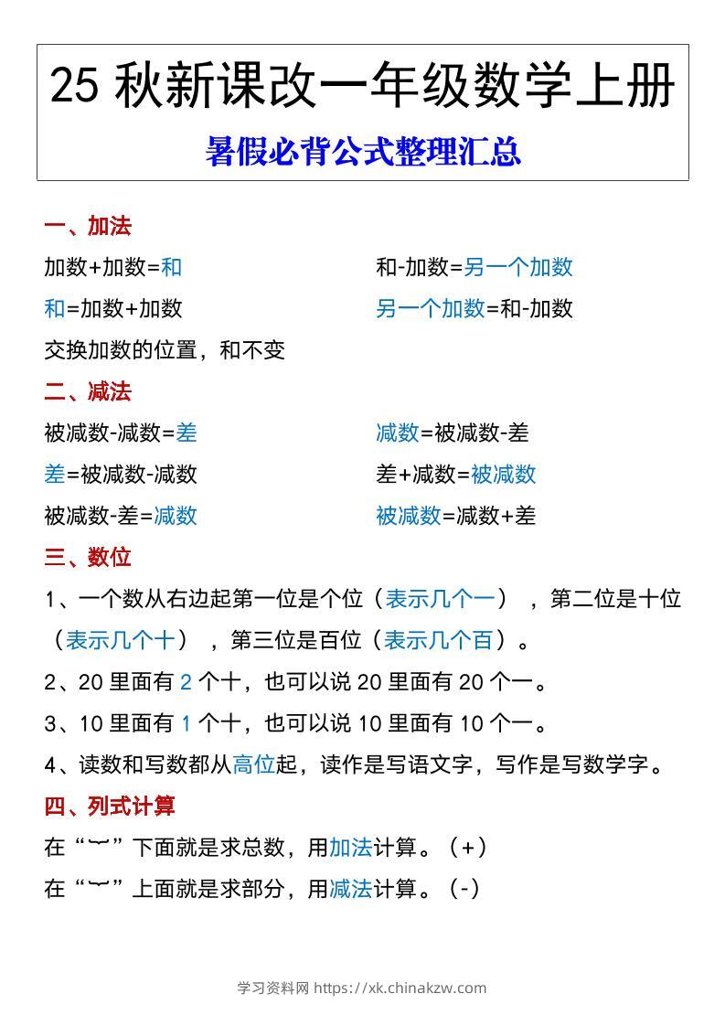 【2025秋新版】一年级数学上册暑假必背公式整理汇总-学习资料站