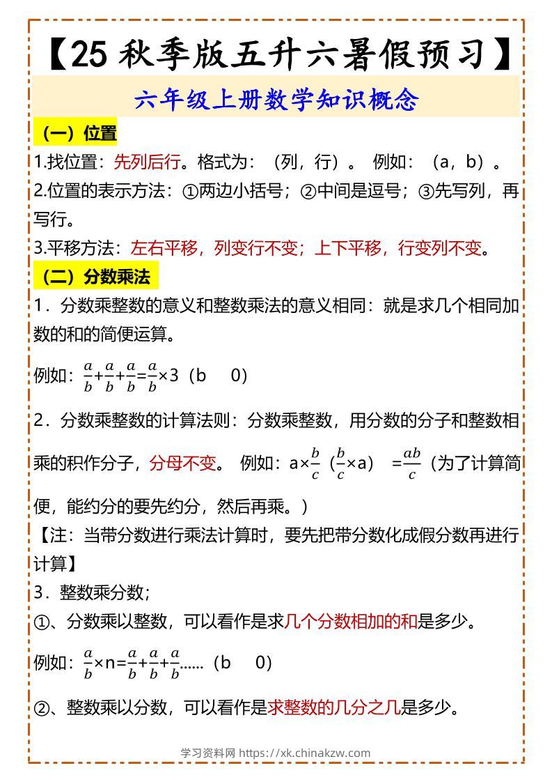 【2025秋新版】【五升六暑假预习】六年级上册数学知识概念-学习资料站