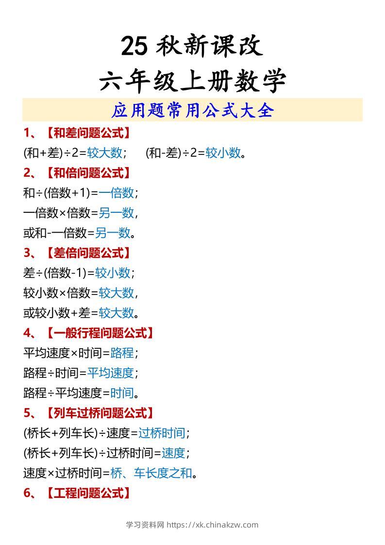 【2025秋新版】六年级上册数学应用题常用公式大全-学习资料站