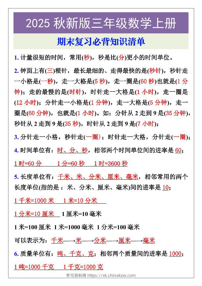 【2025秋新版】三年级数学上册期末复习必背知识清单-学习资料站