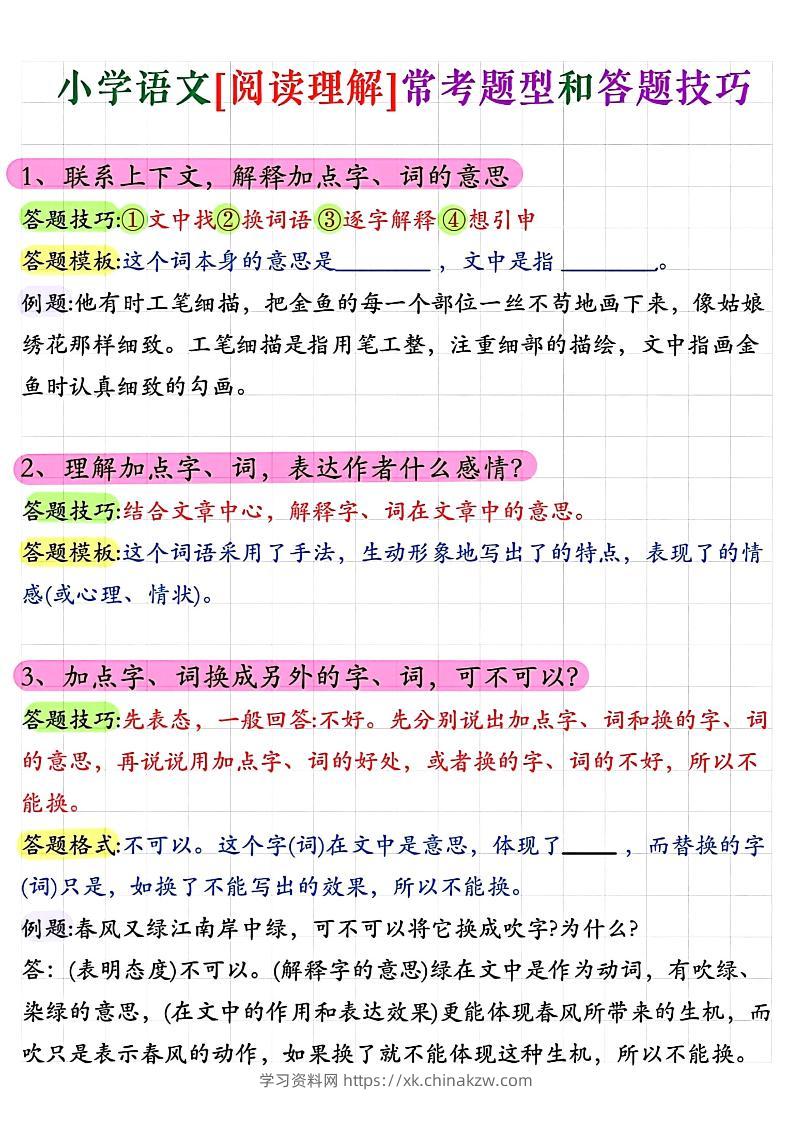 小学阅读理解常考题型答题技巧-小升初语文-学习资料站