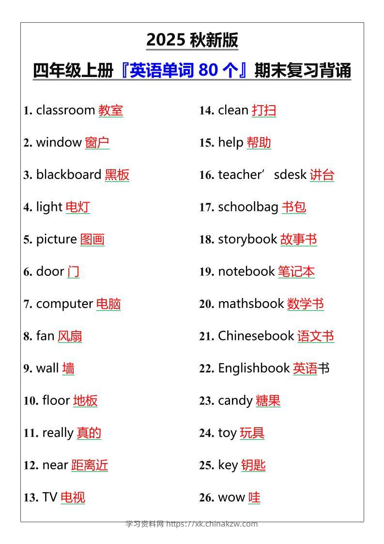 【2025秋新版】四年级上册『英语单词80个』期末复习背诵-学习资料站