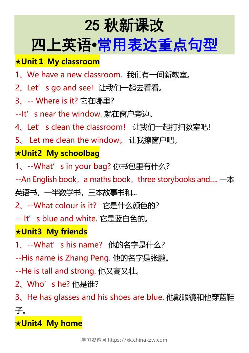 【2025秋新版】四上英语•常用表达重点句型-学习资料站