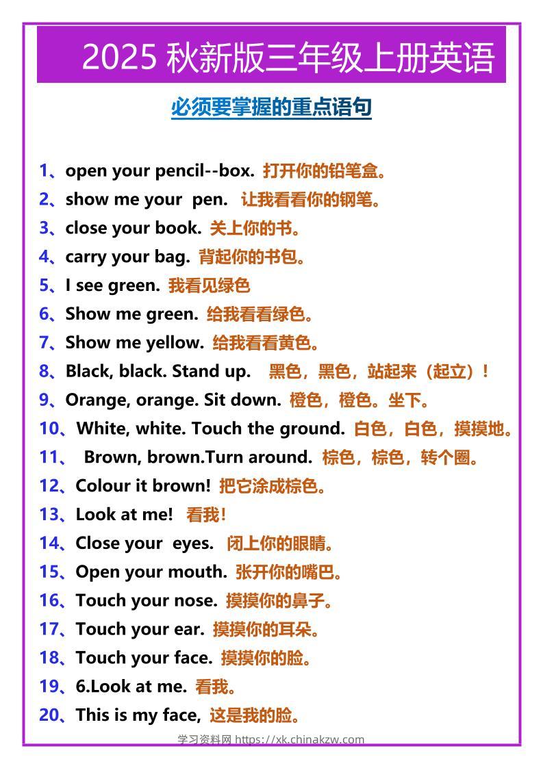 【2025秋新版】三年级上册英语必须要掌握的重点语句-学习资料站