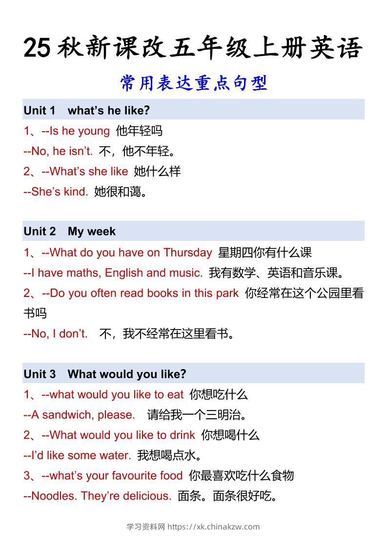 【2025秋新版】五年级上册英语常用表达重点句型-学习资料站