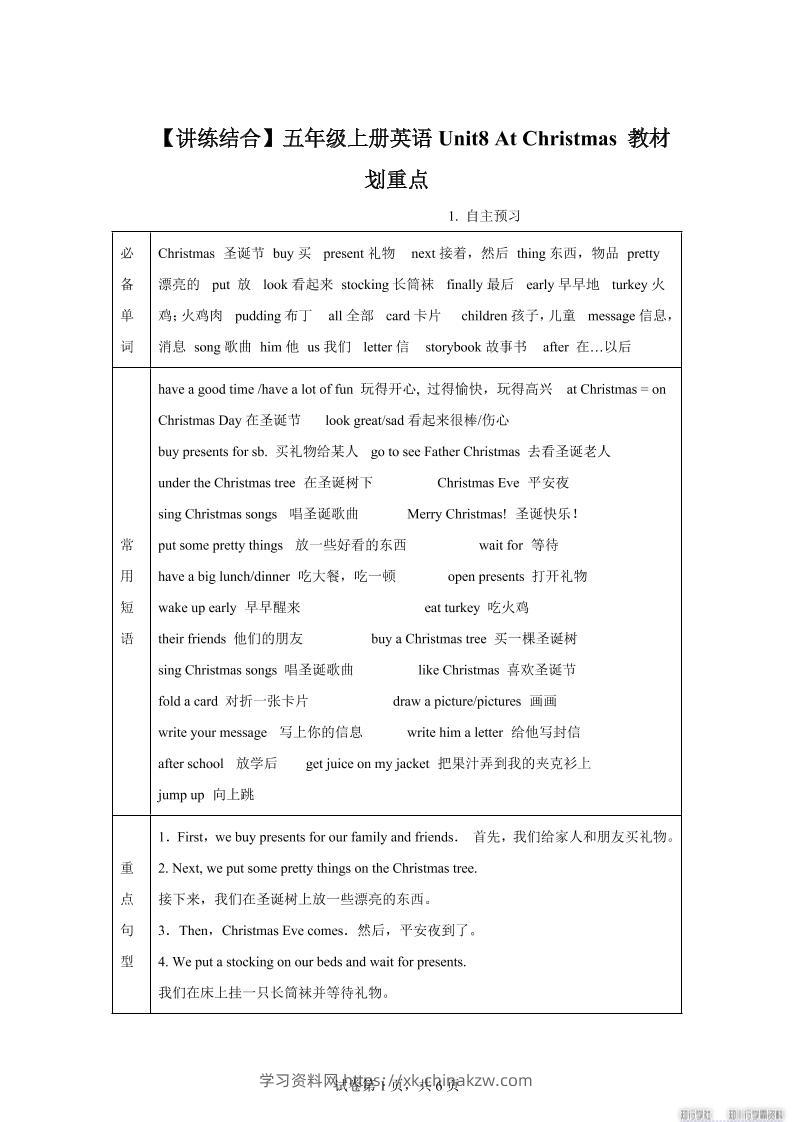 【单元热点难点】译林版（三起）英语五年级上册Unit8AtChristmas教材划重点-学习资料站