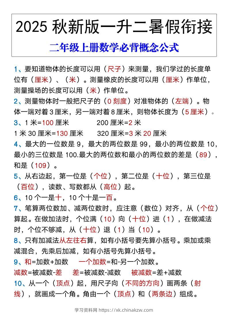 【2025秋新版】二年级上册数学必背概念公式-学习资料站