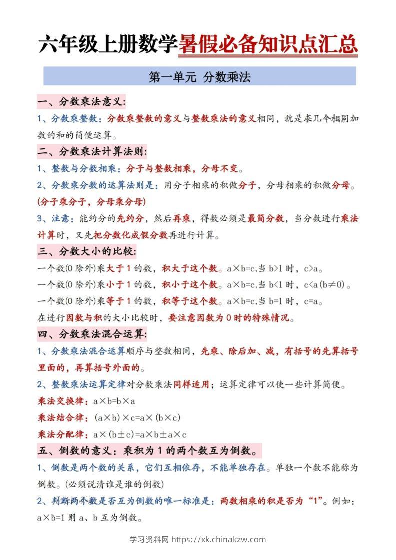六年级上册数学暑假必备知识点汇总9页-学习资料站