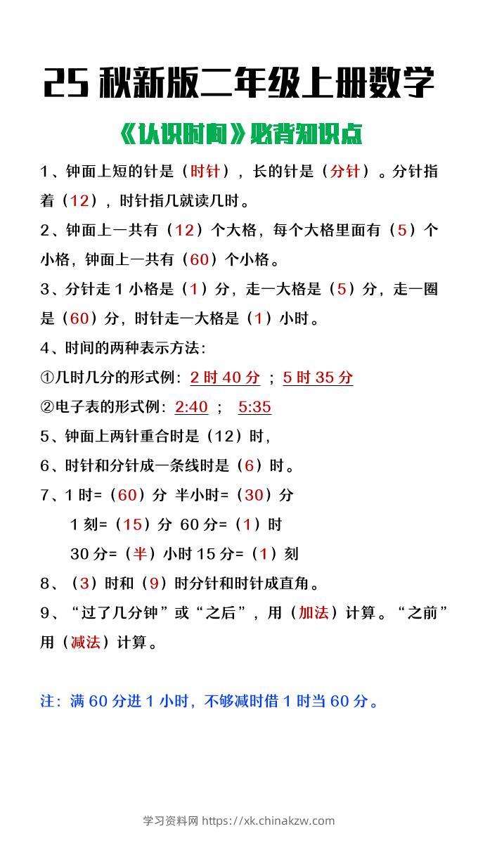 【2025秋新版】二年级上册数学认识时间必背知识点整理-学习资料站