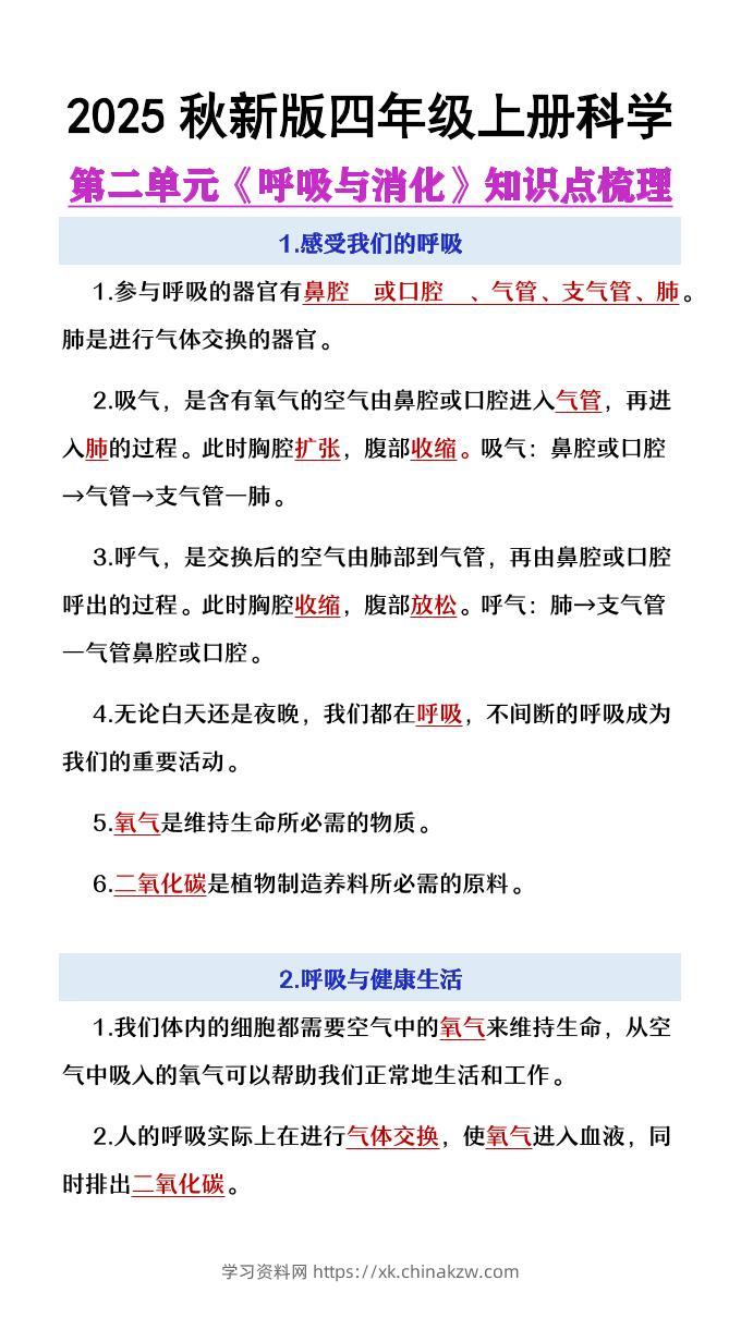 【2025秋新版】四年级上册语文第2单元《呼吸与消化》知识点梳理-学习资料站