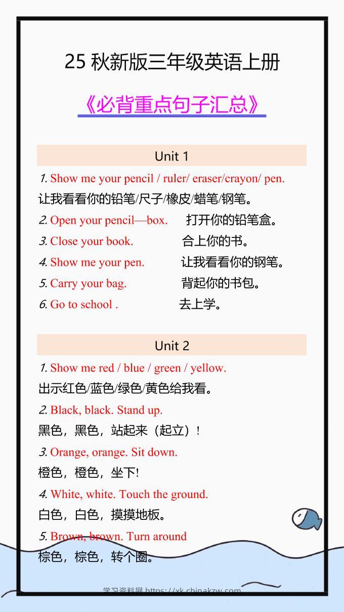 【2025秋新版】三年级英语上册必背重点句子汇总！-学习资料站