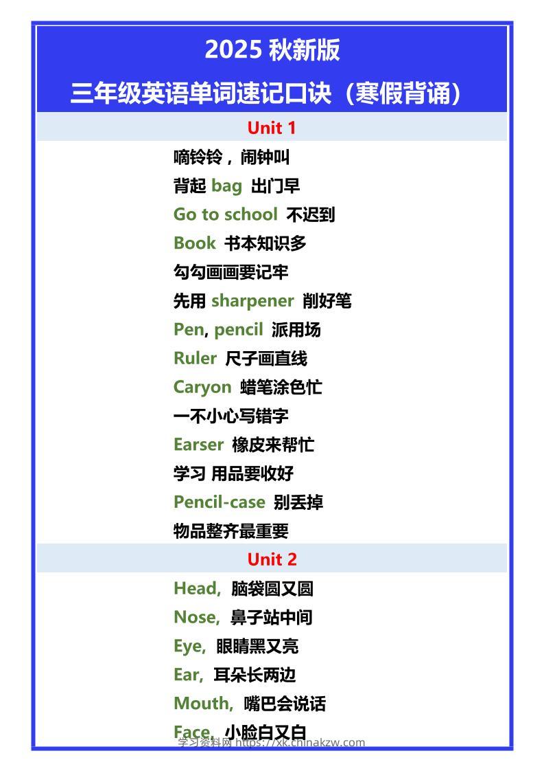 【2025秋新版】三年级英语单词速记口诀-三上英语-学习资料站