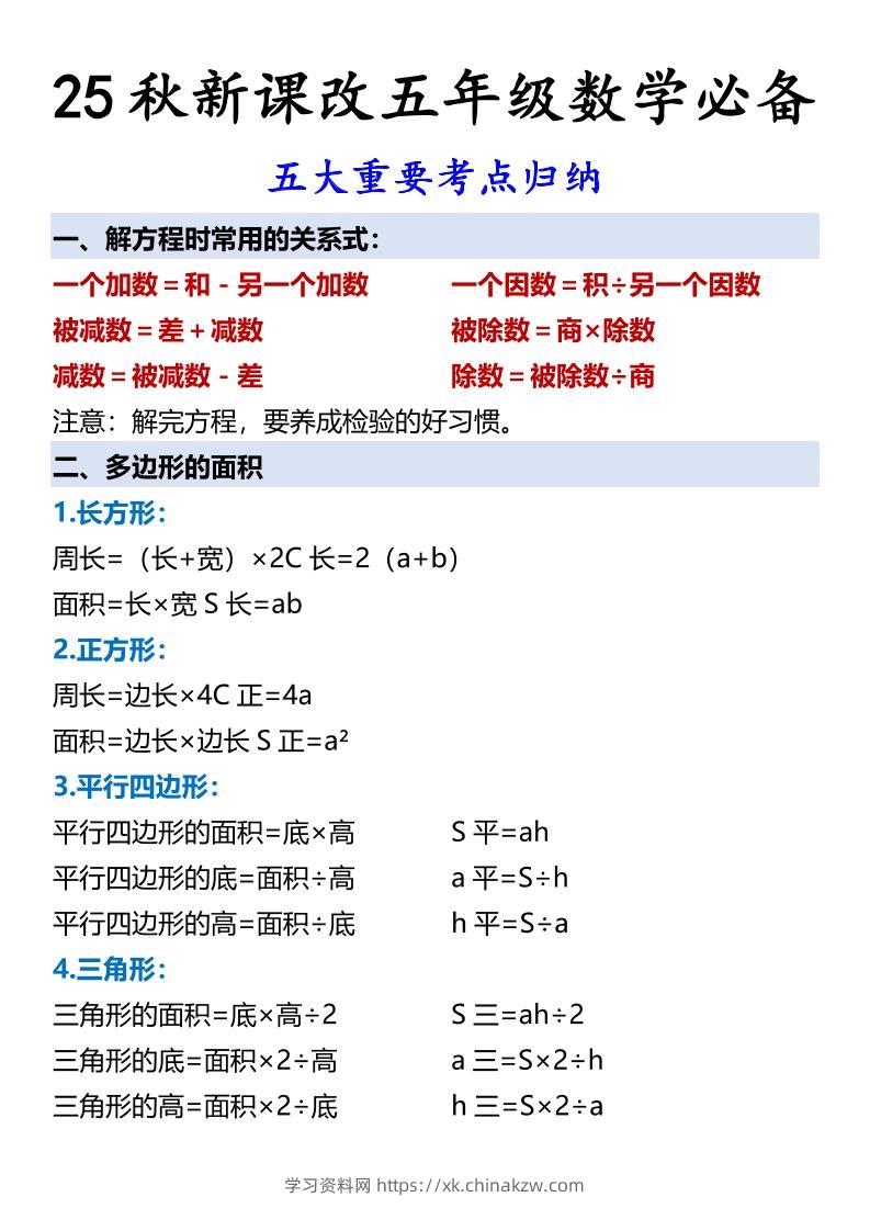 【2025秋新版】五年级数学必备五大重要考点归纳-五上数学-学习资料站
