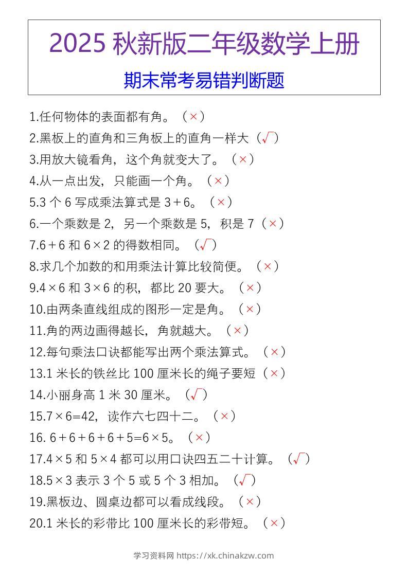 【2025秋新版】二年级数学上册期末常考易错判断题-学习资料站