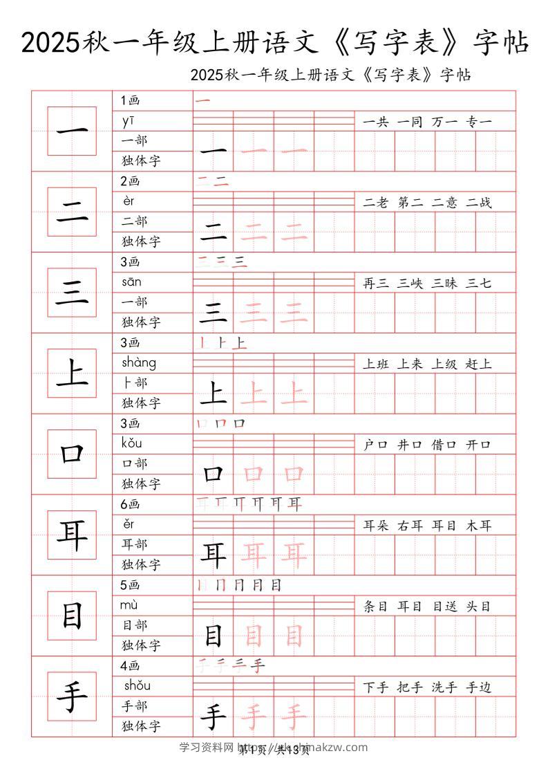 一上语文【2025秋一《写字表》一类字字帖】-学习资料站