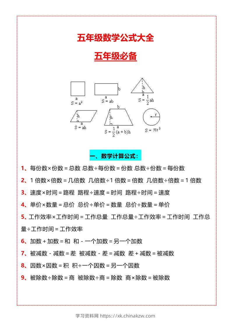 五年级上册数学必背知识汇总-学习资料站