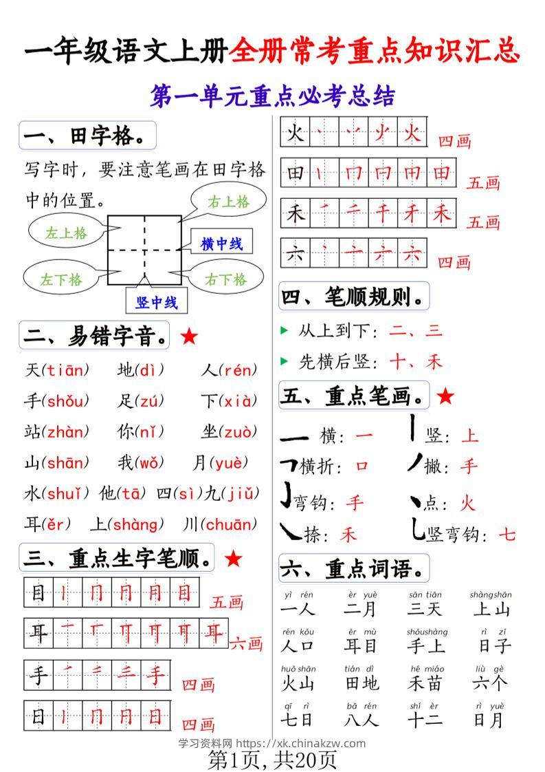 一上语文全册1-8单元常考重点知识汇总20页-学习资料站