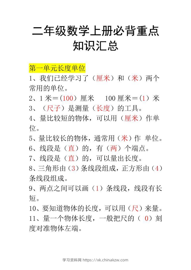 二年级上册数学必背知识汇总-学习资料站