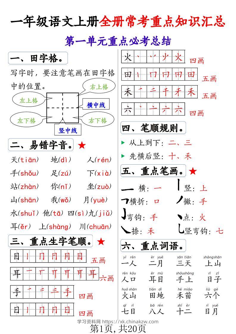 一年级语文上册全册常考重点知识汇总-学习资料站