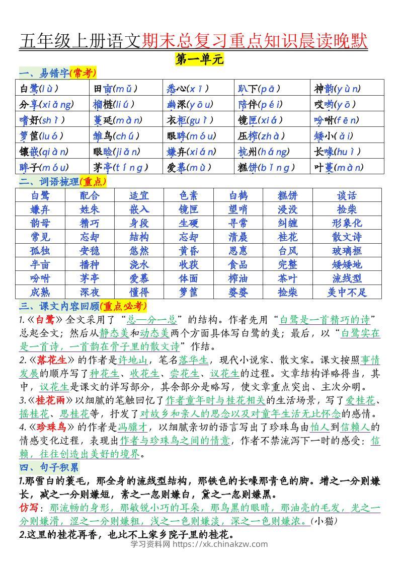 五年级上册语文1-8单元知识点汇总16页-学习资料站