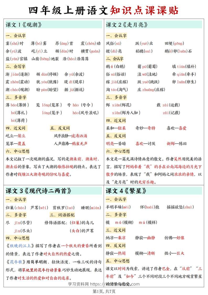 四上语文知识点课课贴7页-学习资料站