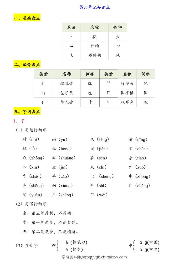 第6单元（知识点）一上语文-学习资料站