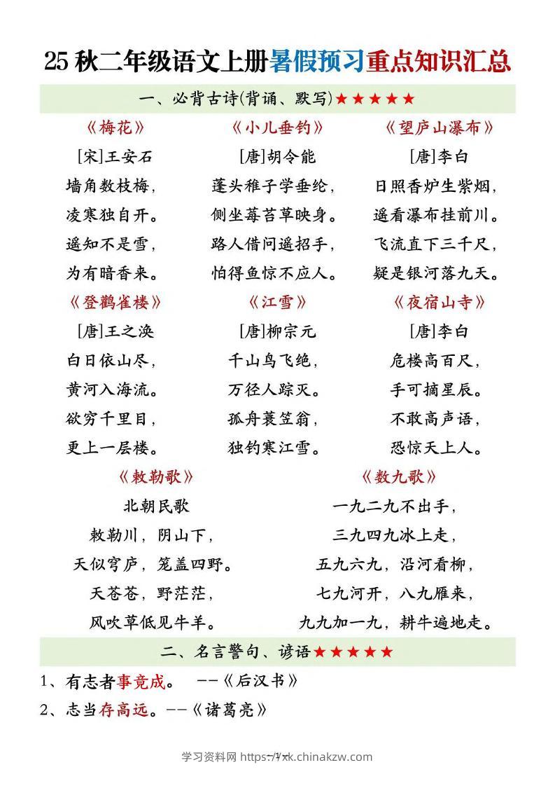 25秋二上语文暑假预习重点知识汇总20页-学习资料站